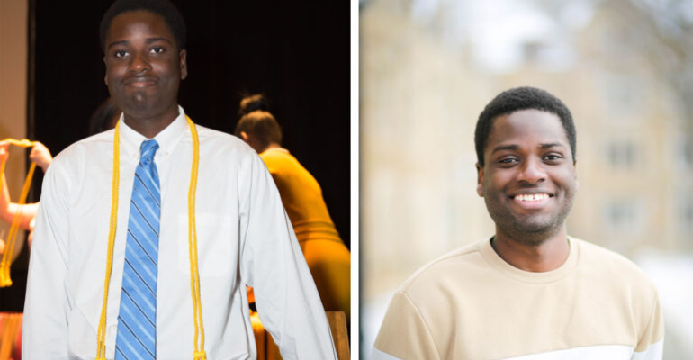 Emmanuel Tettey in 2018 at his Wolverine Pathways graduation, and in 2022 on the U-M campus.