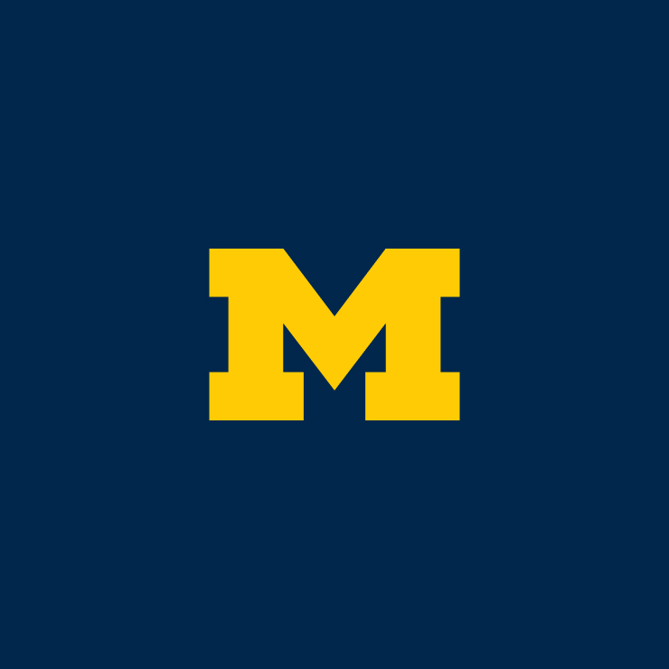 Blue background with yellow block M symbol.
